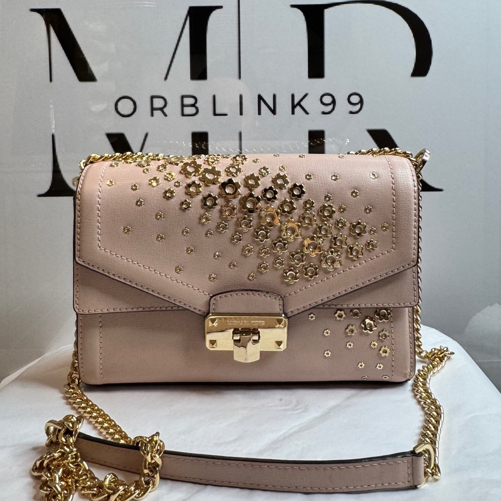 Michael Kors Kinsley Gold Flowers Handbag Purse .